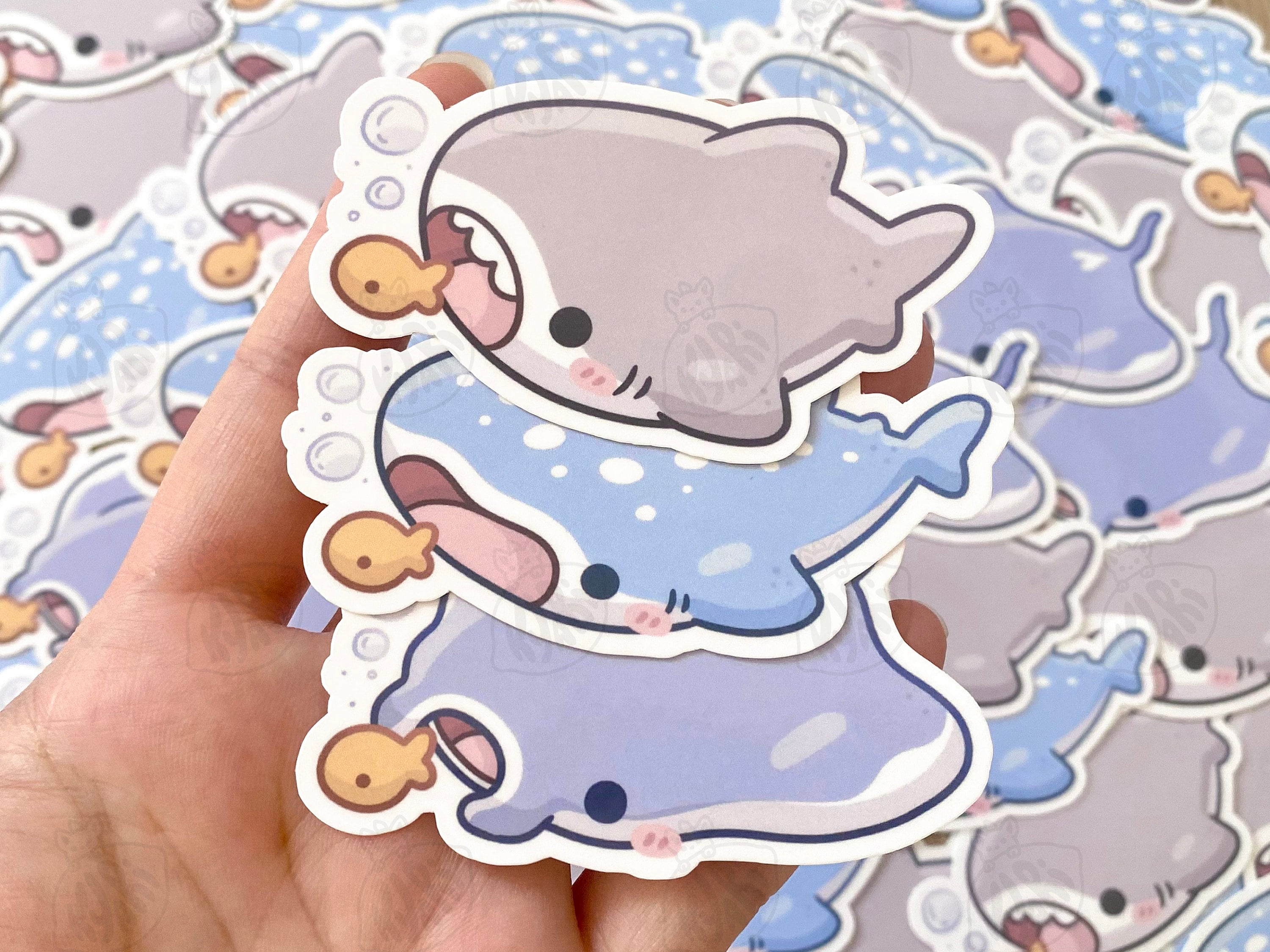 Cute Snacking Shark Stickers, Shark Eating Goldfish Cracker Stickers, Manta Ray Sticker, Marine Life Waterproof Vinyl Sticker