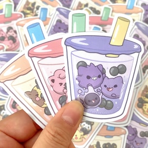 Cute Poké Bubble Tea Stickers, Boba Tea Sticker, Ghost Type, Electric Type