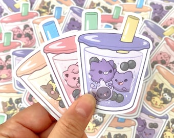 Cute Poké Bubble Tea Stickers, Boba Tea Sticker, Ghost Type, Electric Type