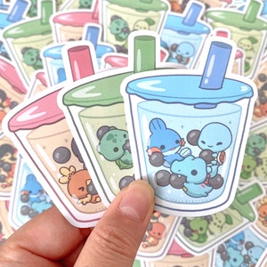 Poké Bubble Tea Stickers, Cute Anime Boba Tea Sticker, Kawaii Food Vinyl Stickers, Gen 1-3 Starters
