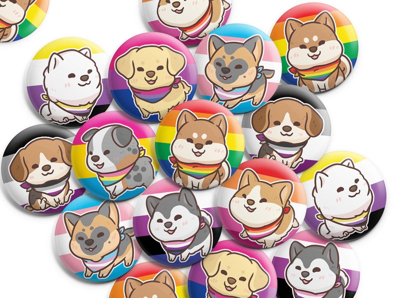 Pride Puppy Button Pins, Pride Dog Button Pins, LGBTQ+ Pins 