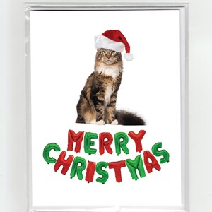 Maine Coon Cat Merry Christmas Carte de voeux Chats Funny Cat Tongue Santa Claus Hat Ballons