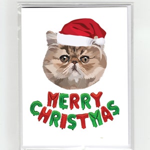 Cartão de Feliz Natal Gato Persa Gatos Engraçados Fofos, Ilustração Chapéu de Papai Noel Balões