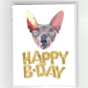Cartão de felicitações de feliz aniversário com gato Sphynx e balões dourados, ilustração fofa e divertida