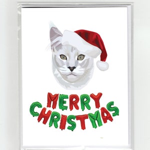 Blanc Maine Coon Cat Joyeux Noël Carte de vœux Chats Drôle Mignon, Illustration Père Noël Chapeau Ballons