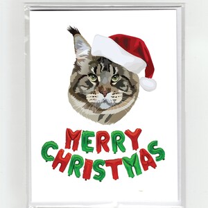 Gris Maine Coon Cat Joyeux Noël Carte de vœux Chats Drôle Mignon, Illustration Père Noël Chapeau Ballons