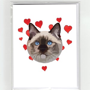 Ragdoll Gato e Corações Cartão de felicitações, Gatos Cães Engraçados Ilustração em Aquarela Desenho Original Bonito Amor Dia dos Namorados