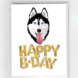 Husky Hond & Gouden Ballonnen Gelukkige Verjaardag Wenskaart, Leuke Grappige Illustratie Fun