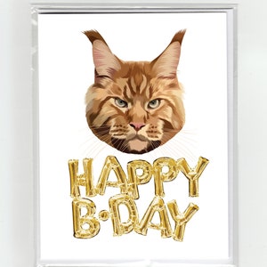 Orange Maine Coon Cat - Gold Balloons Happy Birthday Greeting Card, Cute Funny Illustration Fun