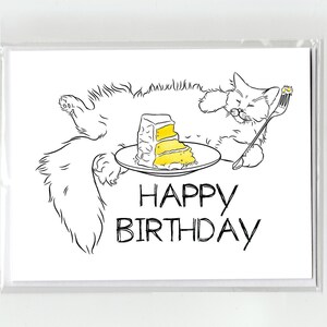 Gato perezoso comiendo pastel Tarjeta de felicitación de cumpleaños, dibujo acuarela Divertida linda ilustración