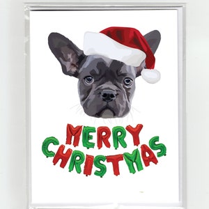 Französische Bulldogge Hund Frohe Weihnachten Grußkarte Hunde Lustig Niedlich, Illustration Weihnachtsmann Hut Ballons Frenchie