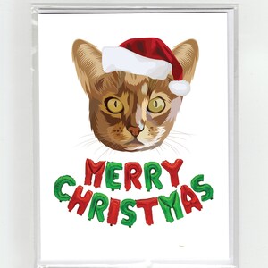 Gato Abissínio Cartão de Feliz Natal Gatos Engraçados Fofos, Ilustração Chapéu de Papai Noel Balões