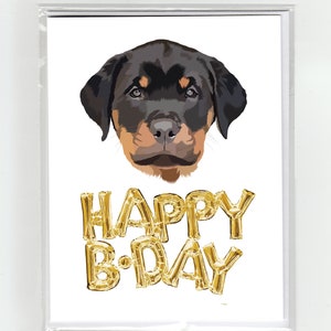 Rottweiler Cucciolo Cane & Palloncini d'oro Biglietto di auguri di buon compleanno, carino divertente pup illustrazione divertimento