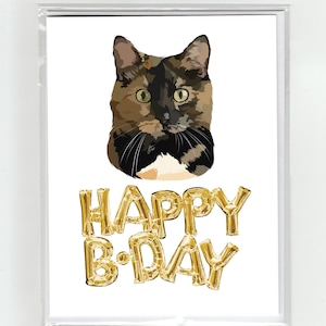 Tortue écaille de chat et ballons d’or Joyeux anniversaire Carte de vœux, Mignon Drôle Illustration Fun Chonk