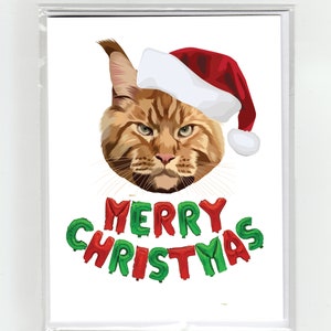 Orange Maine Coon Cat Joyeux Noël Carte de vœux Chats Drôle Mignon, Illustration Père Noël Chapeau Ballons