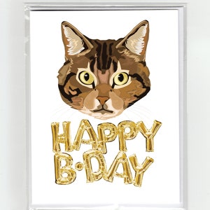 Tabby Cat and Gold Balloons Happy Birthday Greeting Card, Cute Funny Illustration Fun Chonk