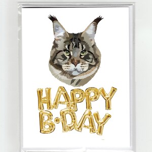 Gray Maine Coon Cat and Gold Balloons Happy Birthday Greeting Card, Cute Funny Illustration Fun