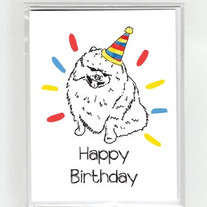 Pomeranian Dog Drawing Happy Birthday Watercolor Greeting Card, Cute Funny Illustration