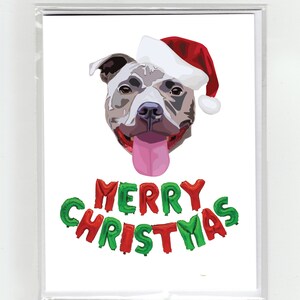 Cão pit bull cinza cartão de felicitações de feliz natal cães engraçados fofos, ilustração chapéu de papai noel balões