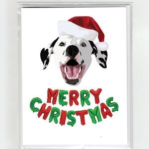 Cartão de felicitações de feliz natal para cachorro dálmata, cães engraçados, fofos, ilustração, chapéu de papai noel, balões