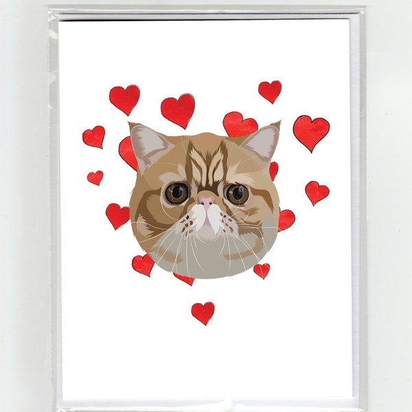 Exotic Shorthair Cat & Hearts Greeting Card, Cats Funny Dogs Watercolor Illustration Drawing Original Cute Love Valentine