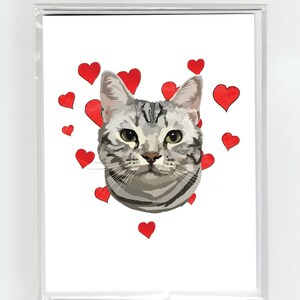 Amerikaanse korthaar Kat & Harten Wenskaart, Katten Grappige Honden Aquarel Illustratie Tekening Originele Leuke Liefde Valentijn