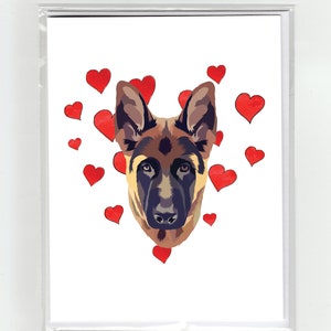 Pastor Alemán Perro y Corazones Tarjeta de Felicitación, Gatos Perros Divertidos Acuarela Ilustración Dibujo Original Lindo Amor San Valentín