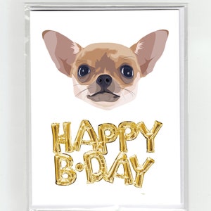 Chihuahua & Gouden Ballonnen Gelukkige Verjaardag Wenskaart, Leuke Grappige Illustratie Fun