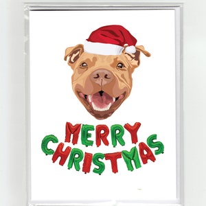 Cartão de Feliz Natal Cachorro Pit Bull Marrom Cães Engraçados Bonitos, Ilustração Chapéu de Papai Noel