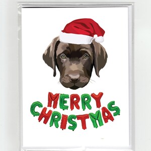 Cachorro Labrador Marrom Cartão de Feliz Natal Cães Engraçados Bonitos, Ilustração Chapéu de Papai Noel Balões