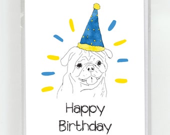 Carte de voeux d’anniversaire de dessin de pug, illustration drôle mignonne