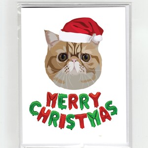 Gato de pelo curto exótico Cartão de felicitações de feliz natal Gatos engraçados fofos, ilustração Chapéu de papai noel Balões