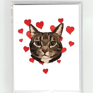 Shorthair Tabby Cat & Hearts Carte de vœux, Chats Drôles Chiens Aquarelle Illustration Dessin Original Mignon Amour Valentine