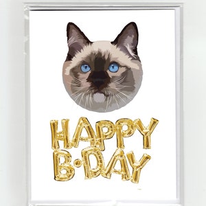 Ragdoll Kat en Gouden Ballonnen Happy Birthday Wenskaart, Cute Funny Illustratie Fun Chonk