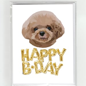 Poodle & Gold Balloons Happy Birthday Greeting Card, Cute Funny Illustration Fun