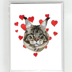 Cartão de felicitações cinza maine coon gato e corações, gatos engraçados cães aquarela ilustração desenho original fofo amor dia dos namorados