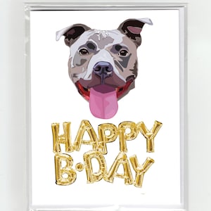 Grauer Pit Bull Hund & Gold Luftballons Happy Birthday Grußkarte, Süße lustige Illustration Fun
