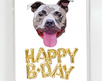 Gray Pit Bull Dog & Gold Balloons Happy Birthday Greeting Card, Cute Funny Illustration Fun