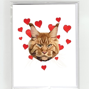 Orange Maine Coon Cat & Hearts Carte de vœux, Chats Drôles Chiens Aquarelle Illustration Dessin Original Mignon Amour Valentine