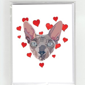 Sphynx Cat & Hearts Carte de vœux, Chats Drôles Chiens Aquarelle Illustration Dessin Original Mignon Amour Valentine