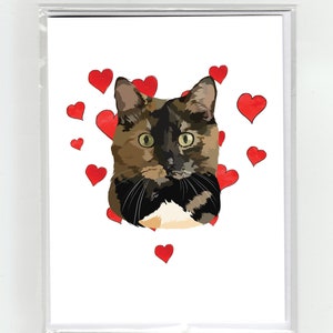 Tortue écaille à poil court Cat & Hearts Carte de vœux, Chats Drôles Chiens Aquarelle Illustration Dessin Original Mignon Amour Valentine