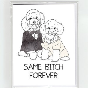 Tarjeta de felicitación de boda de pareja de perros, misma perra para siempre, broma de caniche, juego de palabras de amor, tarjeta de boda de perro, lindo regalo estético de San Valentín