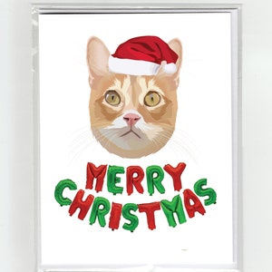 Gato malhado laranja Cartão de feliz Natal Gatos engraçados fofos, ilustração Chapéu de Papai Noel Balões Casco de tartaruga
