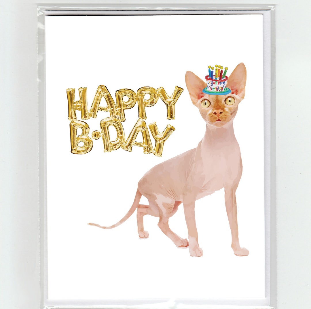 Sphynx Cat & Gold Balloons Happy Birthday Greeting Card, Cute Funny ...
