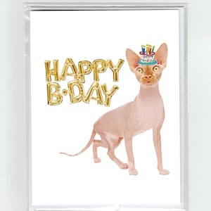 Sphynx Cat & Gold Balloons Happy Birthday Wenskaart, Cute Funny Illustration Fun