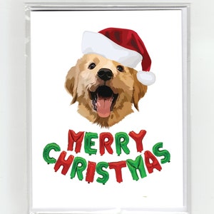 Golden Retriever Filhote de Cachorro Feliz Natal Cartão de Saudação Cães Engraçado Fofo, Ilustração Chapéu de Papai Noel Balões