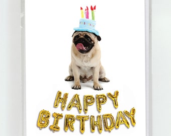 May include: A greeting card featuring a pug wearing a blue birthday hat with candles. The dog has its tongue out. Gold balloon letters spell "HAPPY BIRTHDAY" below the dog.
