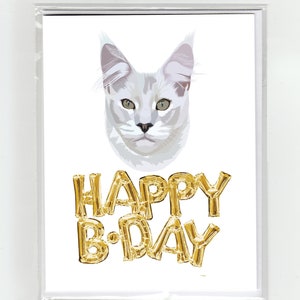 White Maine Coon Cat and Gold Balloons Happy Birthday Greeting Card, Cute Funny Illustration Fun
