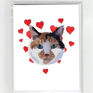 Calico Shorthair Cat & Hearts Carte de vœux, Chats Drôles Chiens Aquarelle Illustration Dessin Original Mignon Amour Valentine
