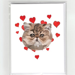 Perzische Kat & Harten Wenskaart, Katten Grappige Honden Aquarel Illustratie Tekening Originele Leuke Liefde Valentijn